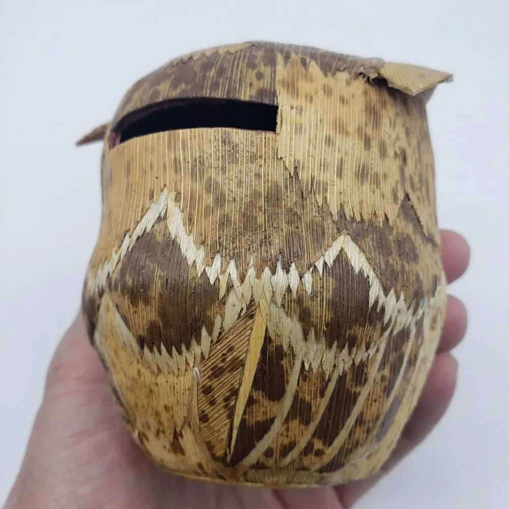 Japanese Wooden Tree Bark Crafted Owl‎ Bank Fukuro Statue Lucky Figure